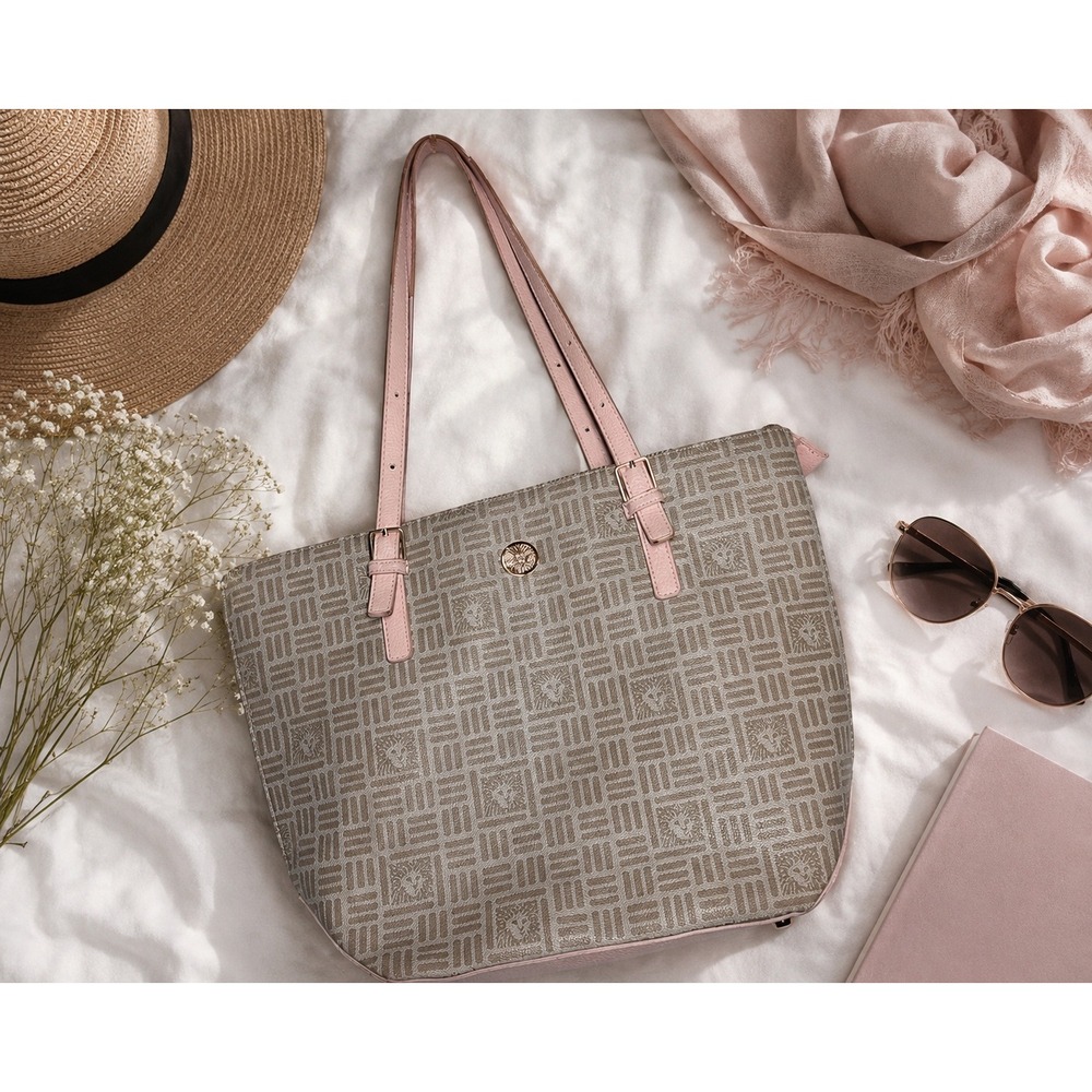 Anne Klein Monogram Lion Logo Tote Bag Pink Tan Gold‎ Hardware Zipper Shoulder